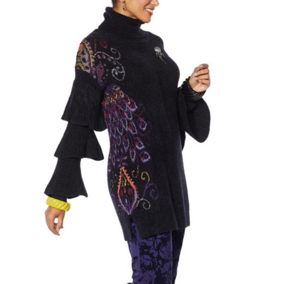 RARA AVIS Sweaters - RARA AVIS BLACK FEATHER RUFFLE SLEEVE SWEATER